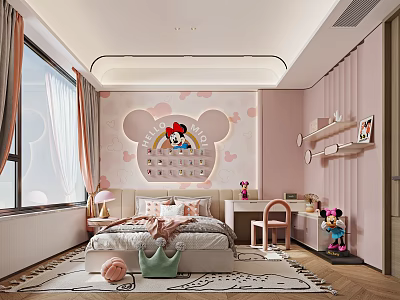 Pink Minnie Mouse Kids Room Interior With Bed Desk Curtains And Decor 3d model