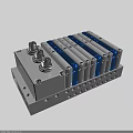 Industrial Hydraulic Manifold Block With Multiple Blue Valves Silver Base And Connecting Ports