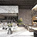 Modern Restaurant Interior With Open Kitchen Wine Rack Hanging Lights Dining Tables And Fireplace