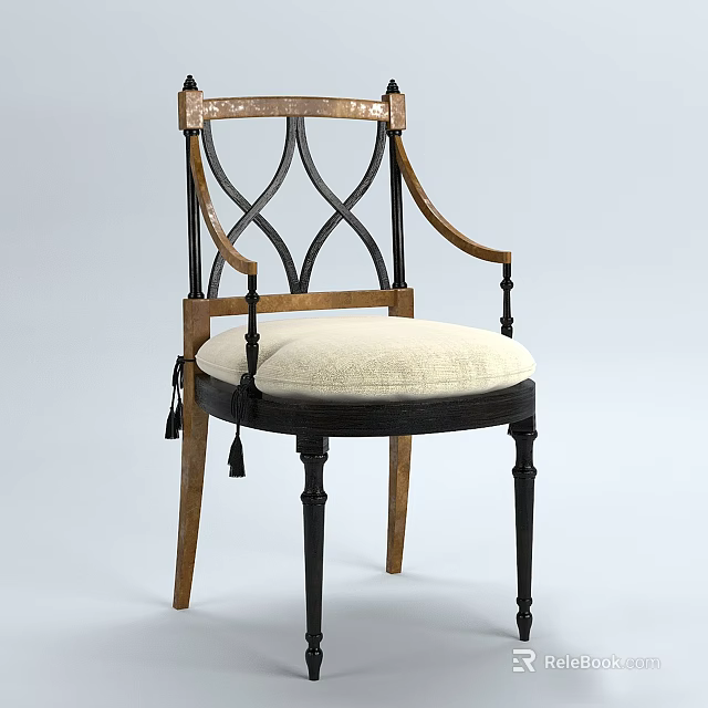 Classic Style Wooden Dining Chair With Armrests Upholstered Seat And Tassel Decorations 3d model 