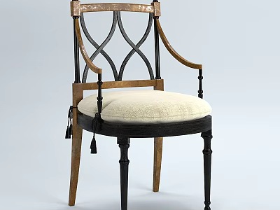 Classic Style Wooden Dining Chair With Armrests Upholstered Seat And Tassel Decorations 3d model