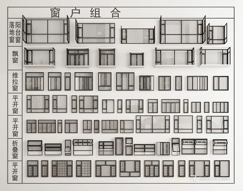 Various Window Combination Designs With Top View Side Elevation And Floor Plans 3d model