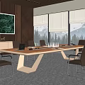 Modern Conference Room with Large Windows Mountain Forest View Long Table Chairs Decorative Painting