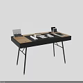 Minimalist Modern Home Office Desk With Wooden Top Black Metal Frame And Office Supplies