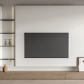 Modern Minimalist TV Background Wall With White Panel Black Shelves And Wooden Cabinets