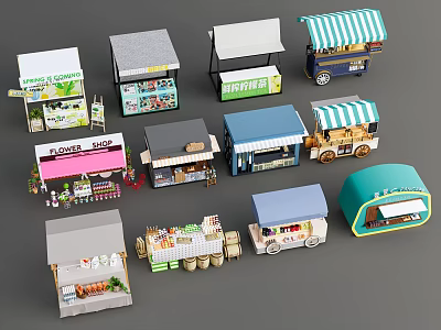 Colorful Market Stalls And Food Carts With Various Designs And Goods 3d model