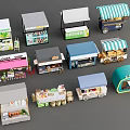 Colorful Market Stalls And Food Carts With Various Designs And Goods