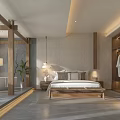 Modern Hotel Room Interior With Wooden Wardrobe Bed TV And Gray Carpet