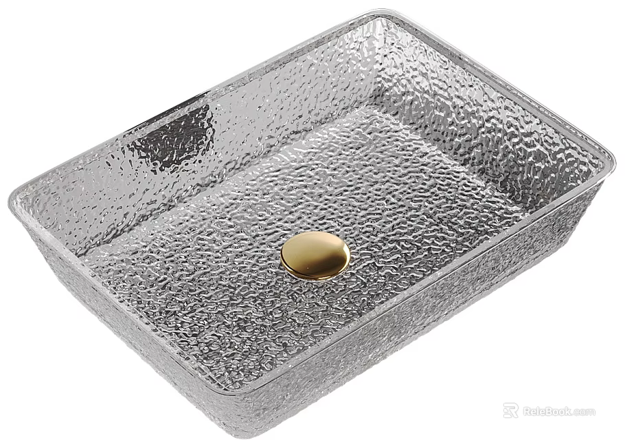 Rectangular Transparent Hammered Glass Washbasin with Gold Circular Button in Center 3d model 