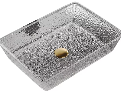 Rectangular Transparent Hammered Glass Washbasin with Gold Circular Button in Center 3d model