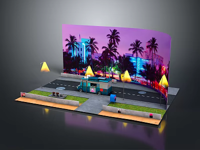 Cartoon Night Scene With Palm Trees Neon Lights Food Truck Road Grass And Street Lamps 3d model