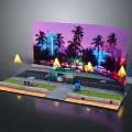 Cartoon Night Scene With Palm Trees Neon Lights Food Truck Road Grass And Street Lamps