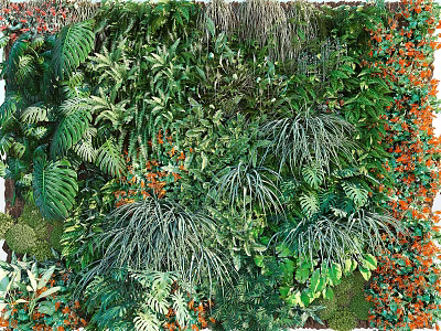 Living Plant Wall With Diverse Green Plants And Orange Flowers For Indoor Decor 3d model