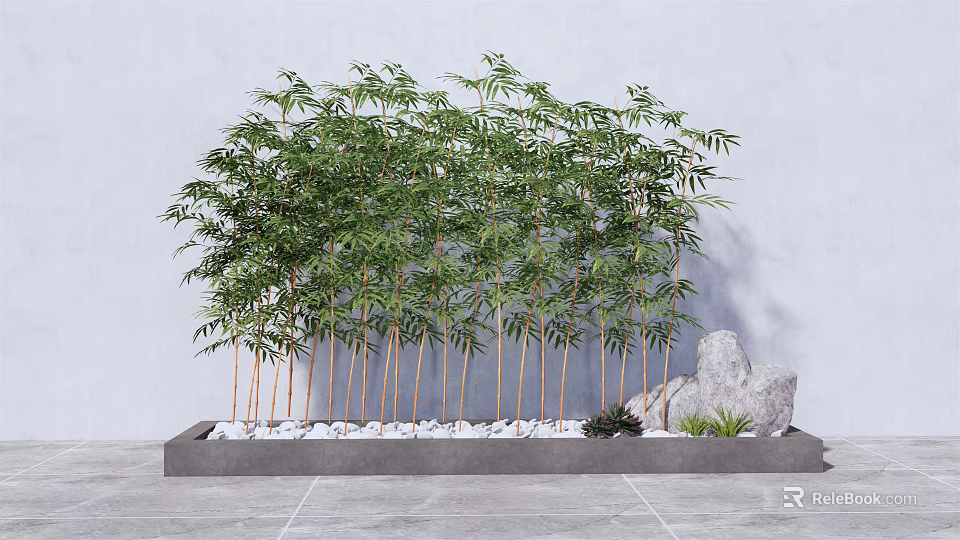 Slender Bamboo with Lush Leaves in Gray Rectangular Planter White Pebbles Large Rock Small Plants 3d model 