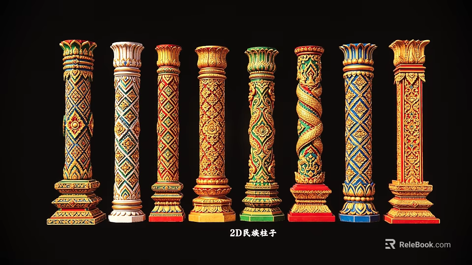Ornate Architectural Columns With Various Intricate Patterns And Colorful Designs 3d model 