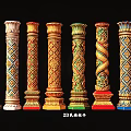 Ornate Architectural Columns With Various Intricate Patterns And Colorful Designs
