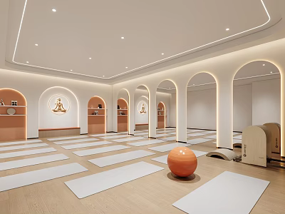 Bright Yoga Studio Interior With Mats Exercise Ball And Arches 3d model