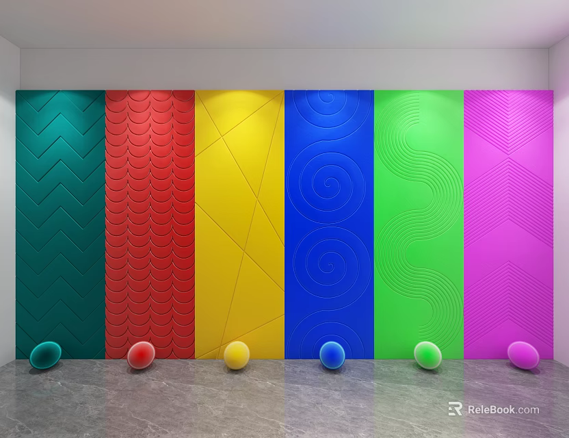 Multicolored Wall Decor with Various Textured Patterns Including Geometric Wave and Circular Designs 3d model 