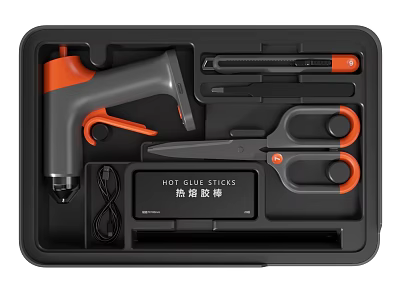 Hardware Tools Kit with Hot Glue Gun Scissors Glue Sticks Gray Orange Black Storage Case 3d model