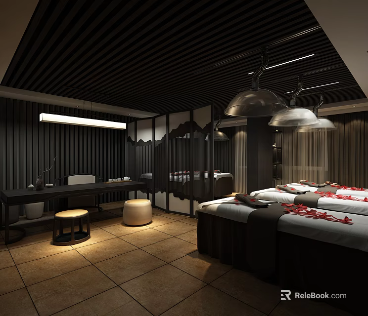 SPA Sauna Treatment Room With Massage Beds Rose Petals Dark Wooden Walls And Tile Flooring 3d model 