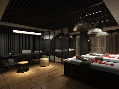 SPA Sauna Treatment Room With Massage Beds Rose Petals Dark Wooden Walls And Tile Flooring 3d model