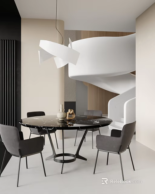 Modern Restaurant Interior With Round Black Marble Dining Table Gray Chairs And White Pendant Light 3d model 