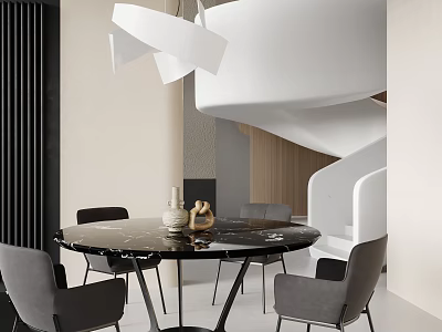Modern Restaurant Interior With Round Black Marble Dining Table Gray Chairs And White Pendant Light 3d model
