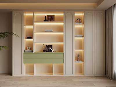 Modern Minimalist Home Storage Shelf With Built In Lighting And Light Green Counter 3d model