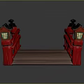 Traditional Japanese Style Red Bridge With Wooden Deck Black Roofs And Lanterns