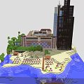 Cartoon Scenery With Various Buildings Sandy Beach Blue Water And Green Plants