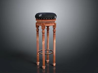 Wooden Bar Stool With Black Padded Seat Carved Legs And Footrest 3d model