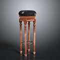 Wooden Bar Stool With Black Padded Seat Carved Legs And Footrest