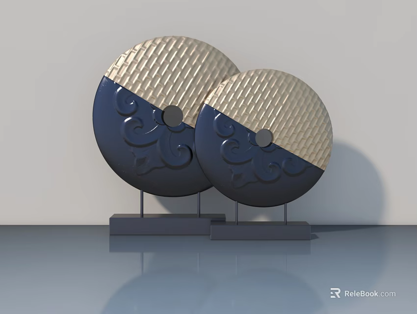 Modern Swing Door Featuring Gold And Navy Blue Panels With Intricate Floral Patterns 3d model 