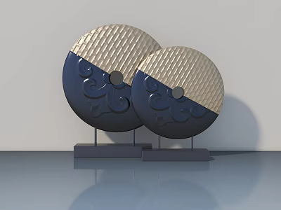 Modern Swing Door Featuring Gold And Navy Blue Panels With Intricate Floral Patterns 3d model