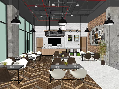 Modern Cafe Interior With Pendant Lights Large Windows Herringbone Floor And Bar Counter 3d model