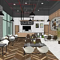 Modern Cafe Interior With Pendant Lights Large Windows Herringbone Floor And Bar Counter