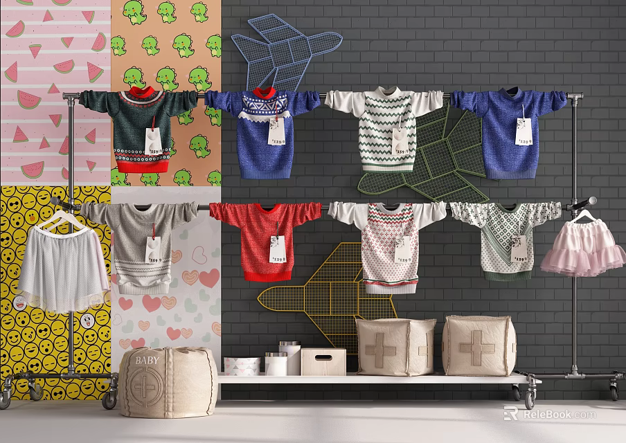 Clothing Retail Display Shelf With Hanging Various Colorful Garments In Store 3d model 