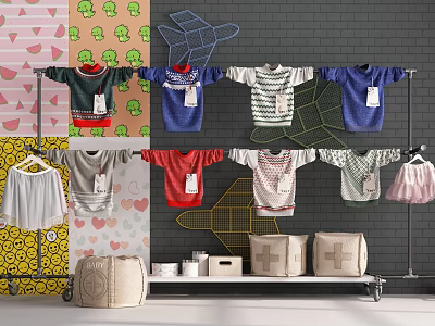 Clothing Retail Display Shelf With Hanging Various Colorful Garments In Store 3d model