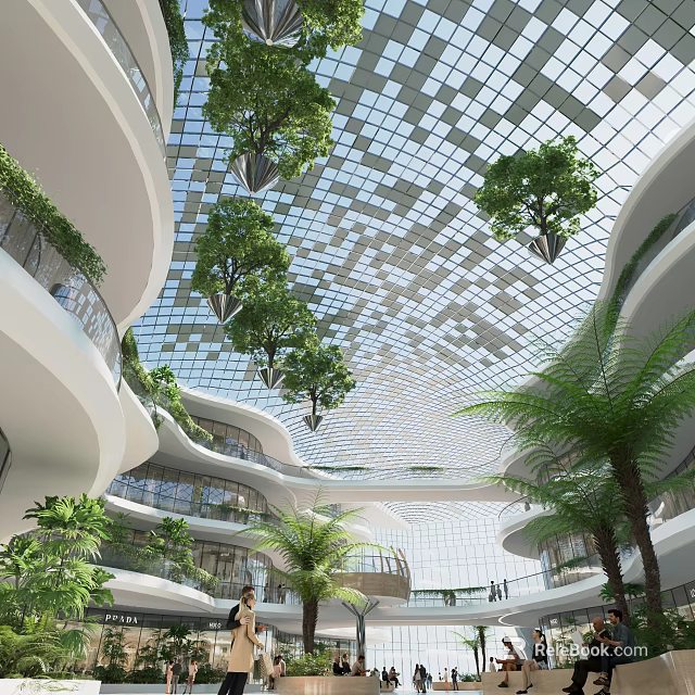 Modern Shopping Mall Lobby With Grid Patterned Glass Ceiling Hanging Green Plants And Palm Trees 3d model 