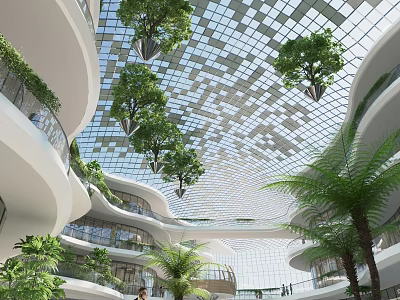 Modern Shopping Mall Lobby With Grid Patterned Glass Ceiling Hanging Green Plants And Palm Trees 3d model