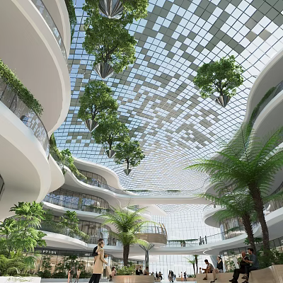 Modern Shopping Mall Lobby With Grid Patterned Glass Ceiling Hanging Green Plants And Palm Trees 3d model