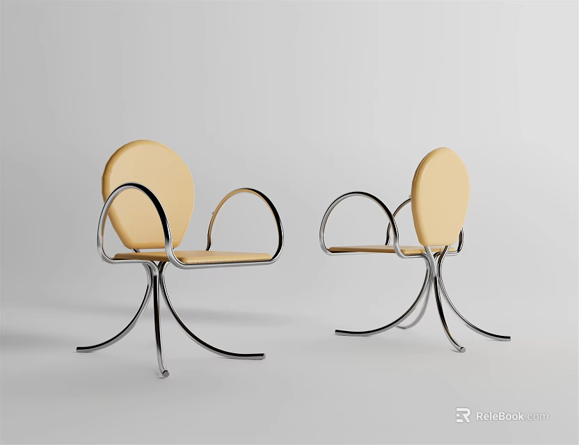 Modern Leisure Chair Featuring Curved Metal Arms Beige Upholstery And Sleek Metal Base Design 3d model 