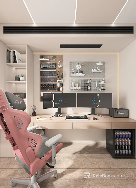 Modern Gaming Study Room With Pink Gaming Chair Dual Monitors Desk Bookshelf And Wall Decorations 3d model 