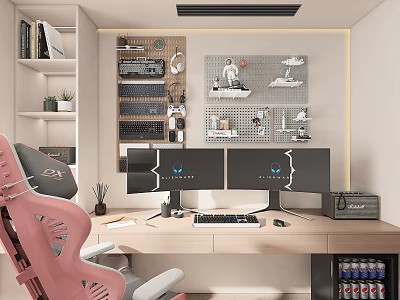 Modern Gaming Study Room With Pink Gaming Chair Dual Monitors Desk Bookshelf And Wall Decorations 3d model