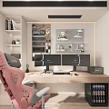 Modern Gaming Study Room With Pink Gaming Chair Dual Monitors Desk Bookshelf And Wall Decorations