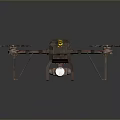 Industrial Four Propeller Drone With Yellow Black Warning Stripes Metallic Body And Underneath Sensor