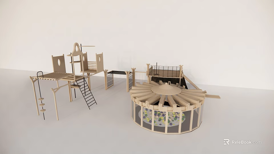 Wooden Playground Equipment With Climbing Structures Platforms And Circular Design 3d model