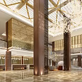 Hotel Lobby Interior Featuring Elegant Chandelier Grand Columns Marble Staircase And Geometric Floor Design