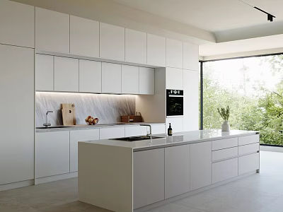 Modern Kitchen Interior With White Cabinets Central Island Quartz Countertop And Natural Light From Window 3d model