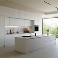 Modern Kitchen Interior With White Cabinets Central Island Quartz Countertop And Natural Light From Window